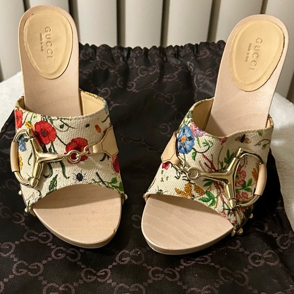 Gucci Floral Print Wooden Heels Sandals , size :36 - Picture 1 of 16